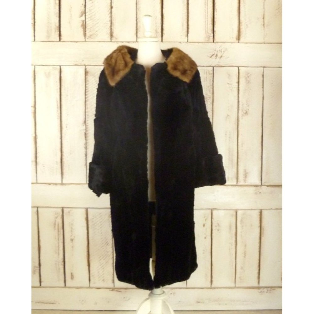 50s vintage black faux fur brown mink collar coat